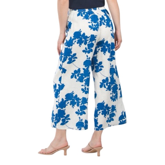 NWT Cynthia Rowley Floral Linen Flat Front Pull On Wide Leg Cropped Pants - Picture 2 of 5